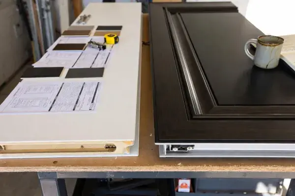 ide-by-side Jeld-Wen vs Masonite exterior door corner samples on a contractor’s worktable.