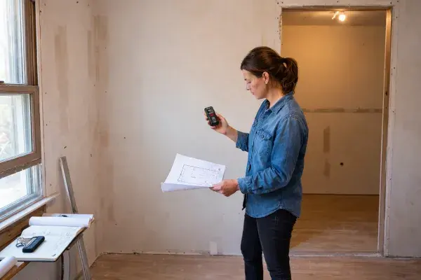 A handheld laser measure being used to check dimensions in a room under renovation.