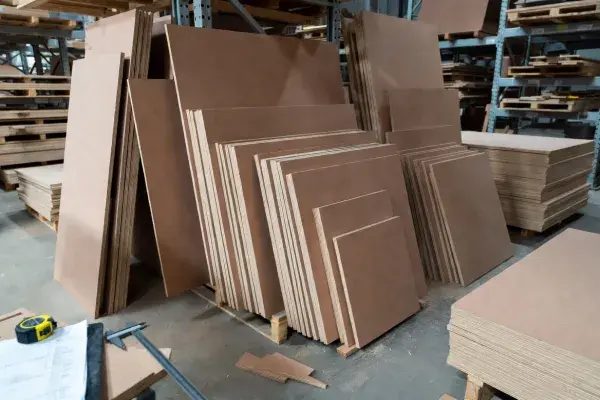 Stacked MDF sheets in various sizes and thicknesses on warehouse pallets with measuring tools.