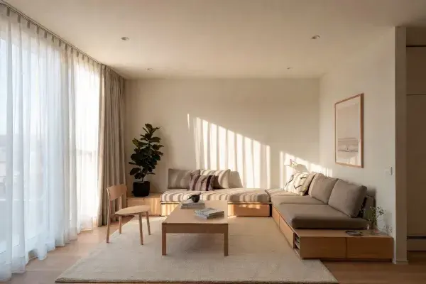 Minimalist living room with low wood furniture, neutral tones, and soft natural light.