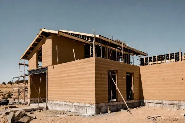 Finished rammed earth home with thick walls and deep window openings.