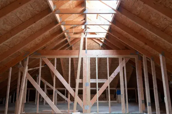 Roof framing and supporting wall structure inside a wood-framed house under construction.
