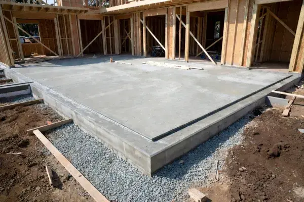 Slab-on-grade concrete foundation with wood framing built directly on the slab.