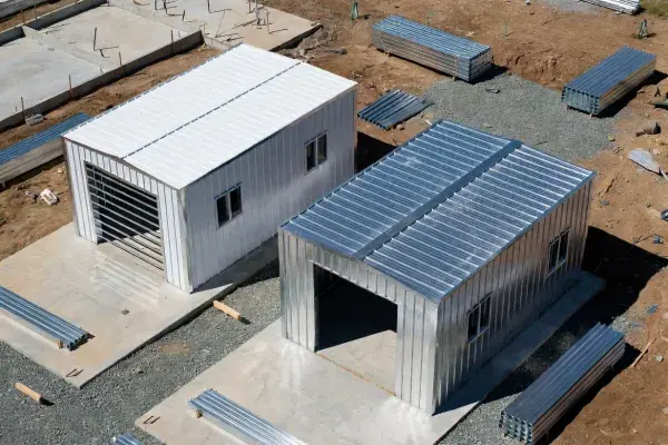 Two small prefab metal buildings under construction showing different shell types and price scope.