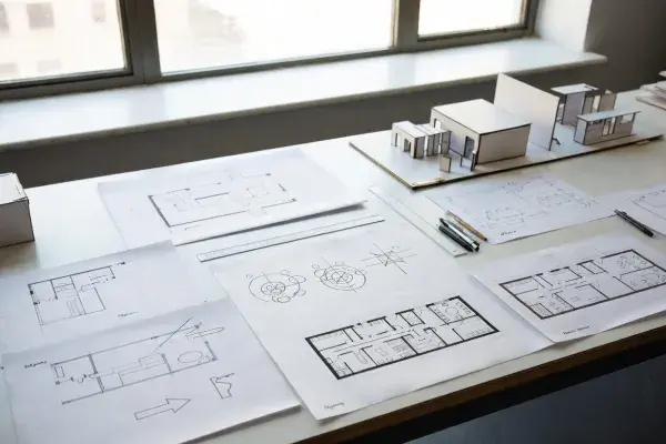 Space planning study with floor plans, bubble diagrams, and architectural study models on a studio desk.