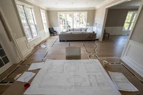 A residential living-dining room in the active space-planning stage.