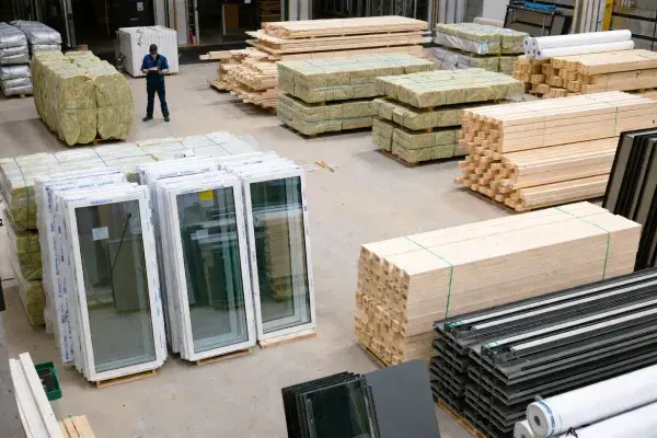 A construction jobsite staging area showing early-purchase sustainable building components.