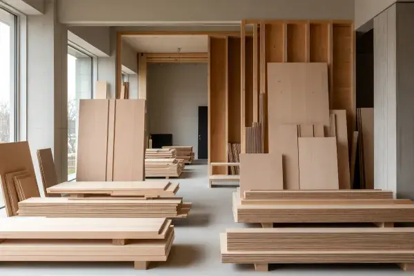 Sustainable wood panels and sheet materials arranged inside a contemporary interior build-out.