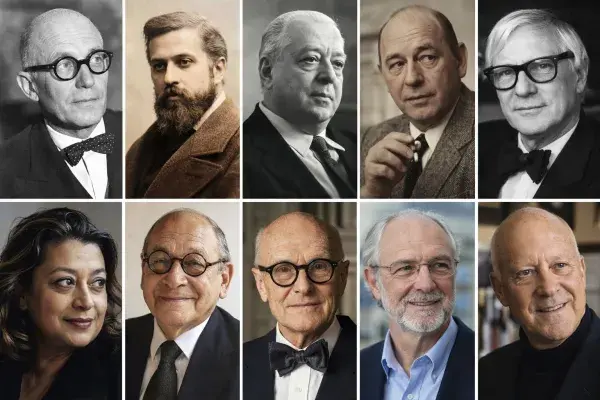 Portrait collage representing ten influential architects from different eras of architecture.