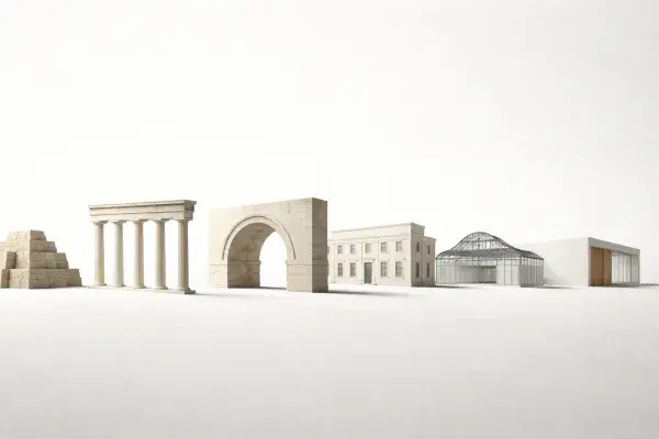 Architectural history sequence showing ancient, classical, arch, industrial glass, and modern forms.