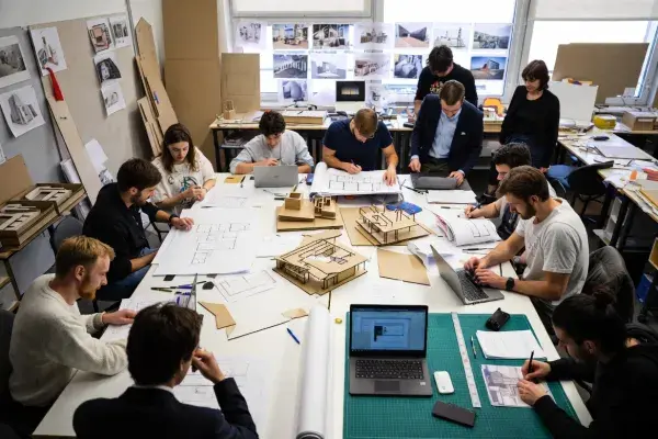 Architecture students working around a studio table with drawings, models, laptops, and project materials.