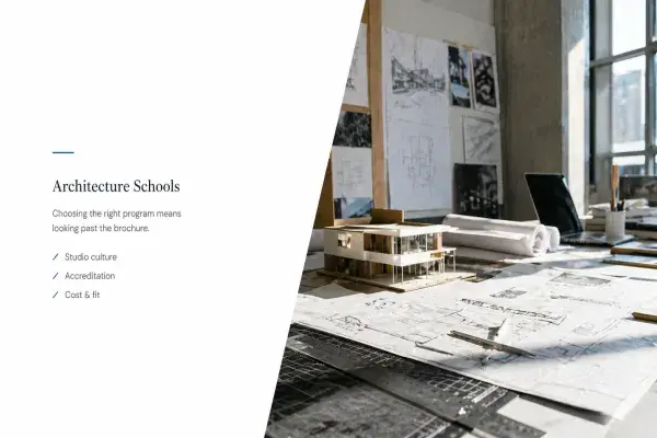 Architecture school studio with models, plans, drawing tools, and design work on desks.