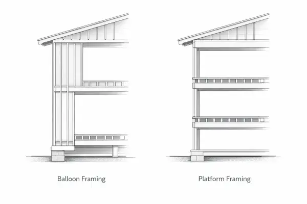 Balloon framing vs platform framing wall section comparison showing continuous studs and stacked floor platforms.