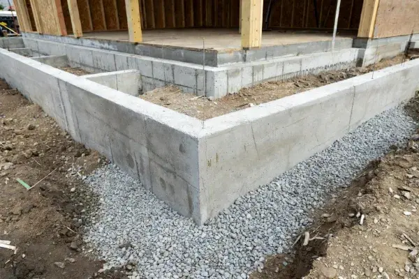 Poured concrete house foundation corner with gravel base at a residential jobsite.