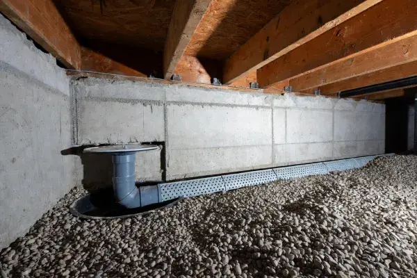 Crawl space drainage pipe in gravel bed connected to a sump basin beside a foundation wall.