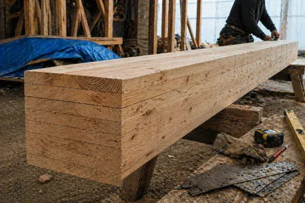Glue-laminated timber beam on supports in a workshop with visible laminations and tools nearby.