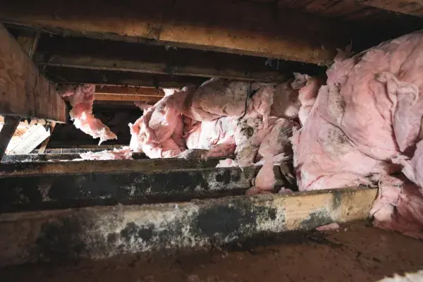 Mold-stained joists and collapsed insulation in a damp crawl space.