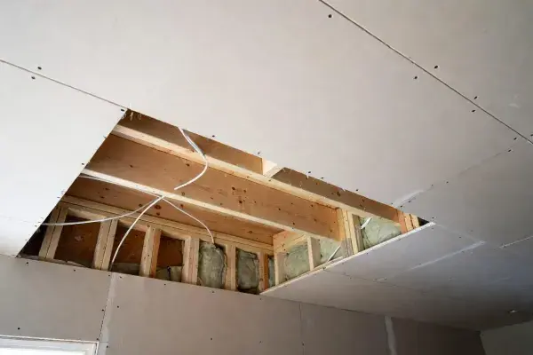 Opened ceiling showing joists, insulation, wiring, and drywall in a residential room.