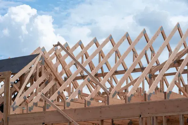 Timber roof trusses with diagonal bracing during residential framing.