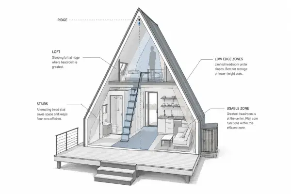 Cutaway diagram of an A-frame tiny house showing the loft, stairs, low roof edges, ridge height, and usable center floor area.