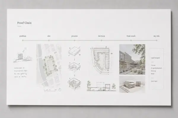 Architecture portfolio proof chain diagram showing how a project page connects the problem, site, process, design decision, final result, and the applicant’s role.  Caption Illustration by ArchitectureCourses.org. A strong architecture portfolio page should show the project problem, site logic, design process, key decision, final result, and the applicant’s exact role instead of only showing polished final images.