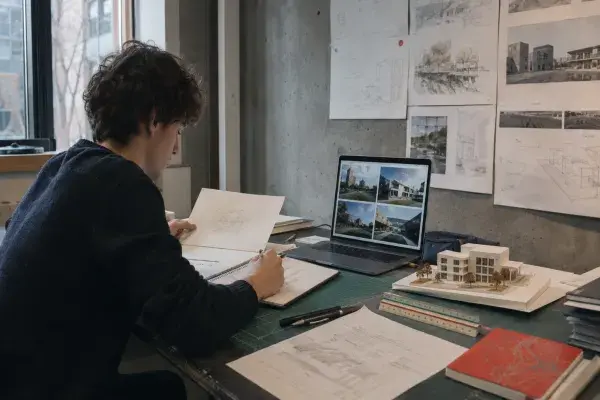 Architecture student working at a studio desk with drawings, a laptop, model, pinned boards, and portfolio materials while comparing architecture school options in Canada.