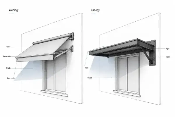 Awning and canopy comparison diagram showing fabric retractable shade and fixed rigid canopy over similar windows.