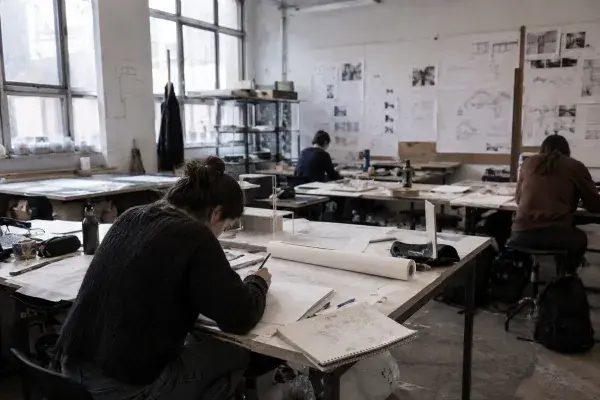Architecture student working alone at a drafting table in a rough school design studio with drawings, models, and pinned project boards.
