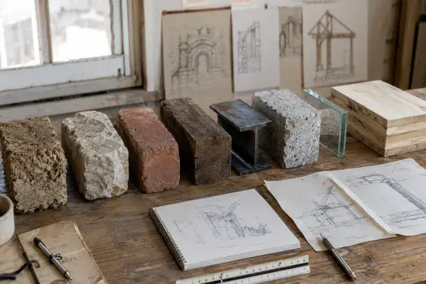 Material samples on an architect’s worktable showing earth, stone, brick, timber, steel, concrete, glass, and engineered wood.