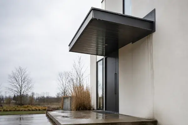 Modern entry canopy with water staining at the wall connection and a wet concrete slab below.