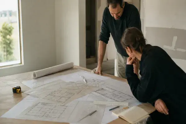 Construction plan review inside an unfinished room with residential drawings spread across a worktable.