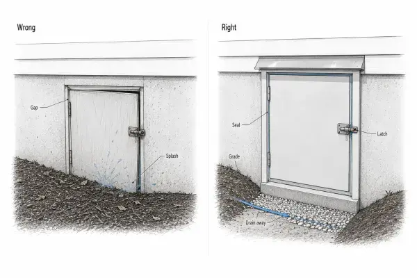 Crawl-space door comparison showing a low, gapped, splash-prone door beside a raised, sealed door with drainage away from the opening.