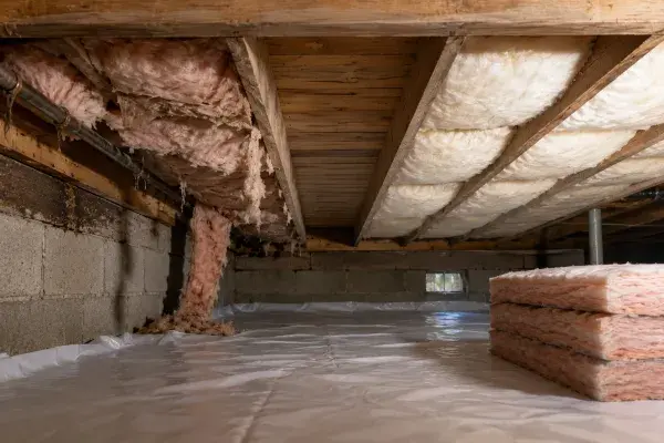 Crawl space insulation replacement photo showing sagging old insulation, new batts, floor joists, vapor barrier, and moisture staining.