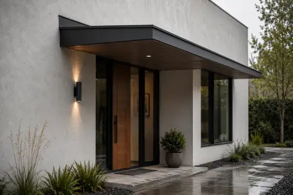 Modern entry canopy with a thin metal frame, clean wall connection, drip edge, and wet paving below.