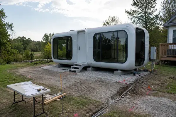 Etong-style space capsule prefab home on a gravel pad with concrete piers, utility trench, service hookups, site drawings, stakes, and delivery tracks in a rural yard.