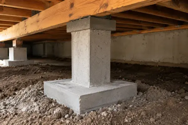 Concrete foundation pillar supporting a wood beam above a pad footing in a crawl space, with soil and gravel around the base.