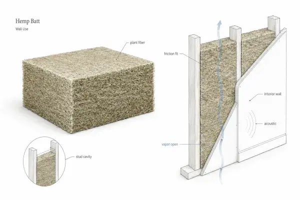 Diagram showing hemp batt insulation as a plant-fiber material installed between wall studs, with friction fit, vapor-open behavior, and acoustic use in an interior wall.