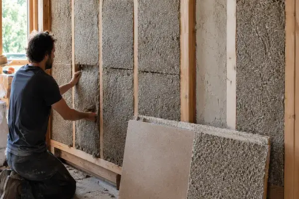 Worker installing hemp-based insulation panels between timber wall framing in a real construction setting.