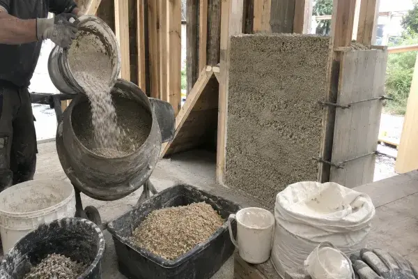 Worker pouring dry binder into a mixer beside hemp hurds, lime bags, buckets, timber framing, and a partially filled hempcrete wall on a small construction site.
