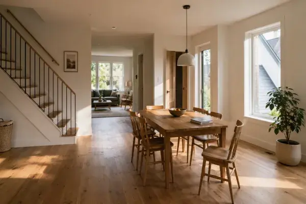 Modern open-plan home interior with soft natural light across a dining area, stair, timber floor, and connected living space.
