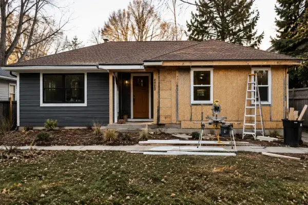 Ranch house exterior renovation with new siding on one side and exposed wall sheathing on the other.