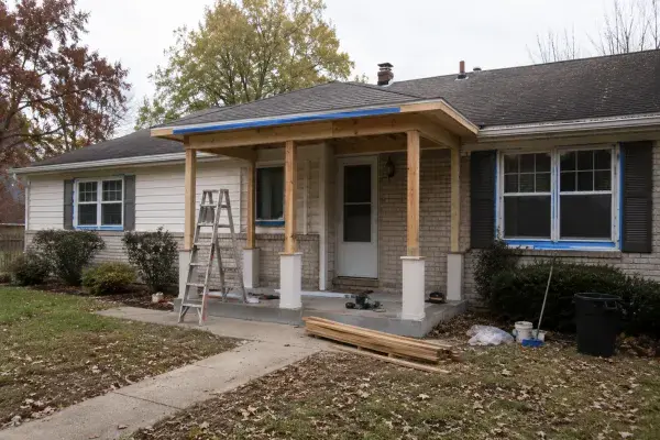 Ranch house front porch under construction with new posts, low roof, ladder, taped windows, tools, lumber, and an unfinished front yard.