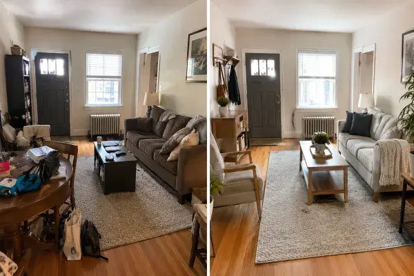 Before and after small living room layout showing blocked movement and clutter on one side and clearer furniture planning with a better walking path on the other.