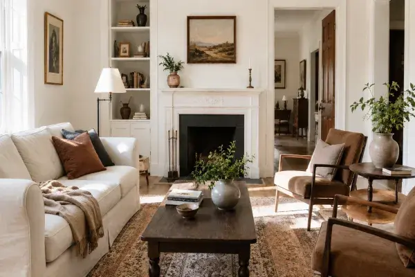 Sunlit modern traditional living room with a classic sofa, clean-lined chairs, wood coffee table, patterned rug, fireplace mantel, framed art, plants, and warm natural light.