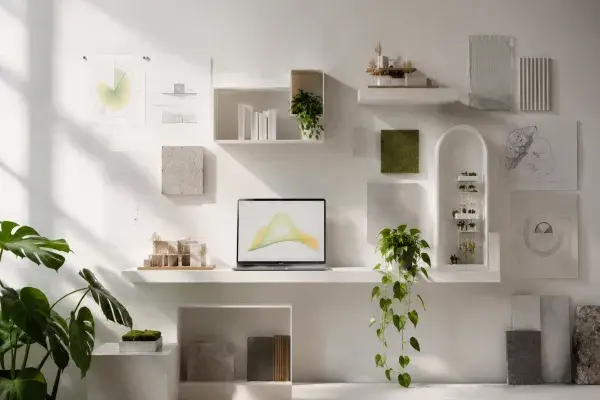 Architecture school research wall with climate charts, material samples, a model, plants, and an energy graph showing sustainable design study.