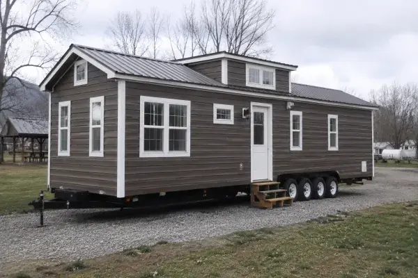 Long tiny house on wheels with a metal roof, multiple windows, white trim, and a multi-axle trailer frame.
