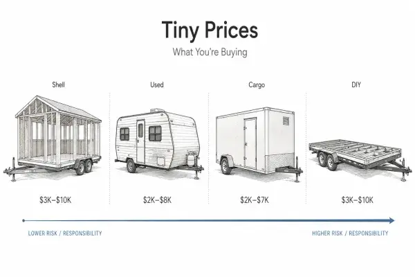 Tiny home price options compared by shell, RV or bus, DIY build, and park model, with simple visuals and included features.