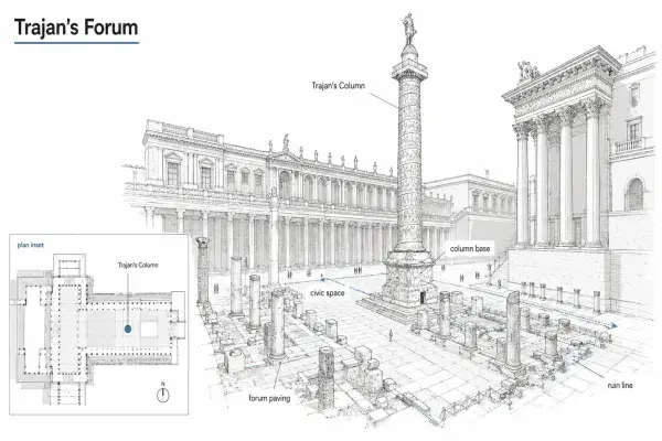 Diagram of Trajan’s Column within Trajan’s Forum showing the column base, forum paving, civic space, ruins, and plan inset.