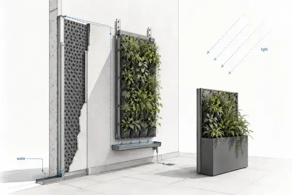 The left blue “water” path is slightly confusing if it is meant to be drainage, because it appears to rise up the wall. It can still work if read as irrigation supply, but the clearest water logic is the tray under the green wall and the drain line to the floor.