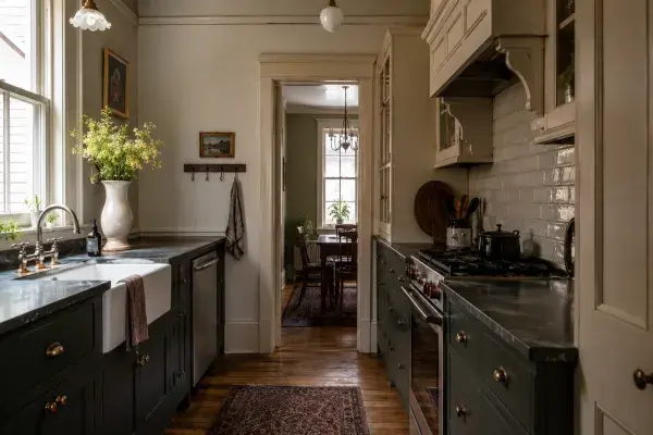 Victorian kitchen remodel with dark painted cabinets, apron-front sink, stone counters, old-house trim, and modern appliances worked quietly into the room.
